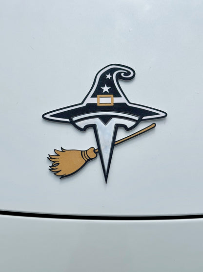 Witch Hat with Broom Overlay for Tesla Emblem, Reusable!