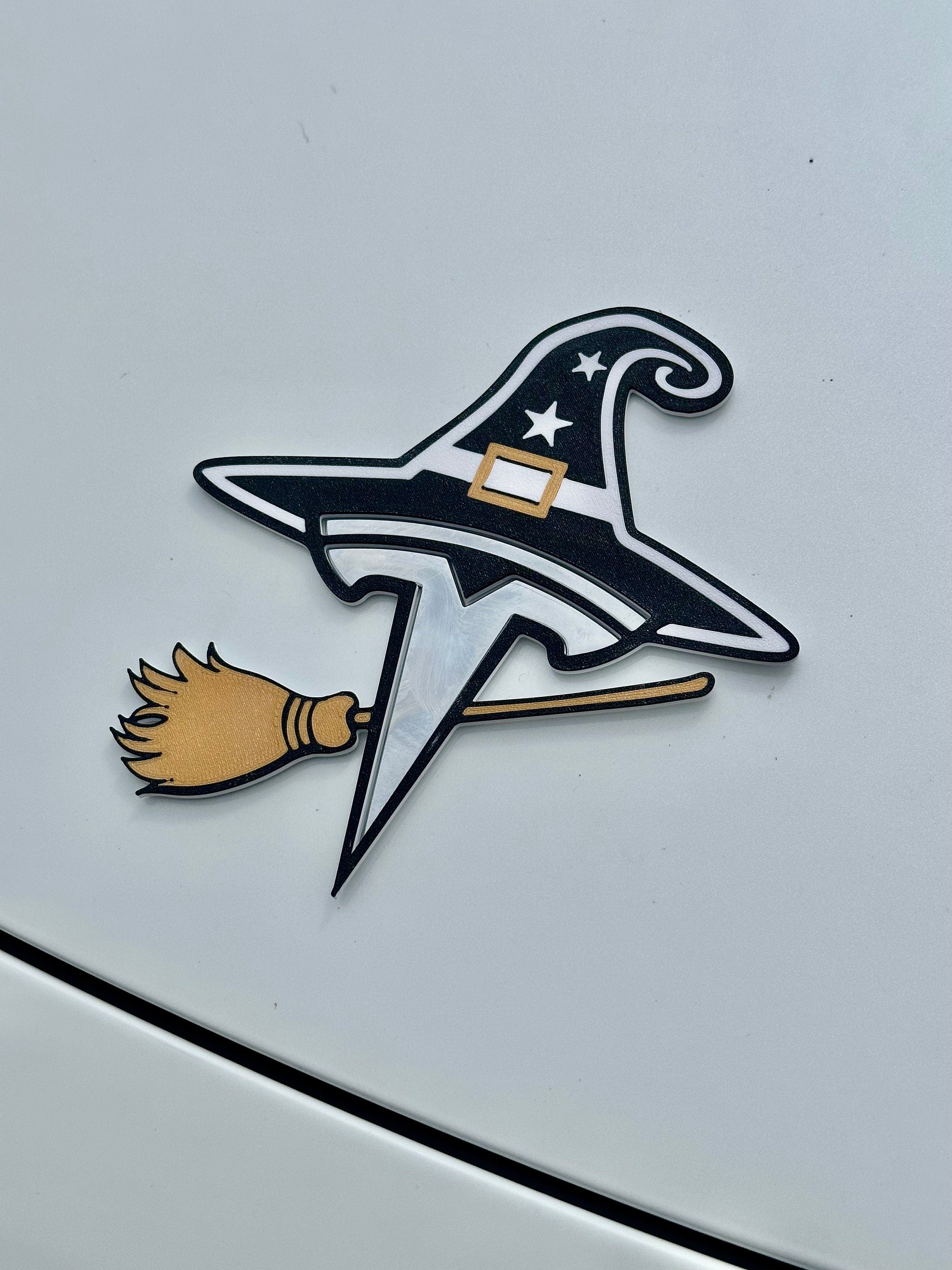 Witch Hat with Broom Overlay for Tesla Emblem, Reusable!