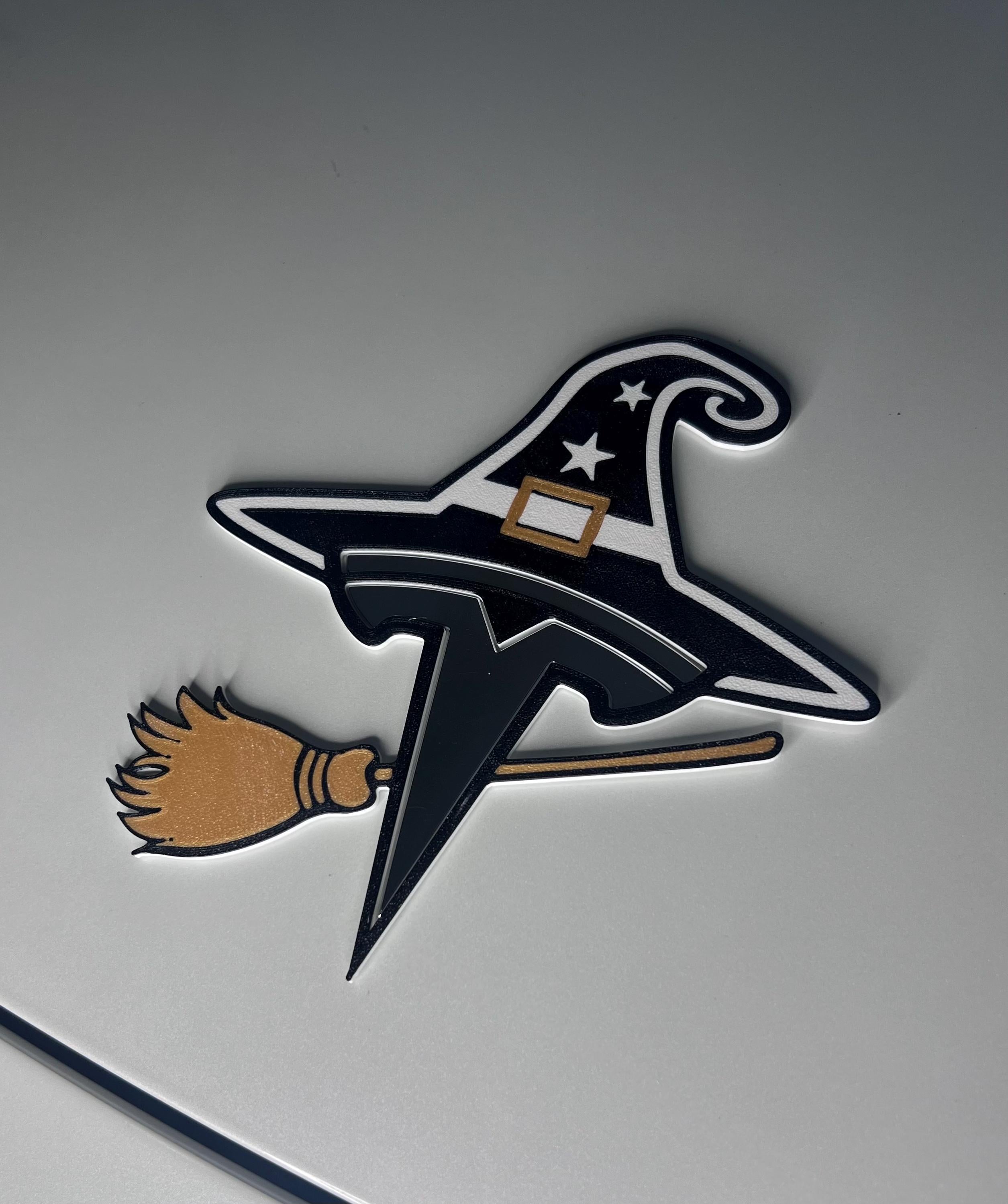 Witch Hat with Broom Overlay for Tesla Emblem, Reusable!