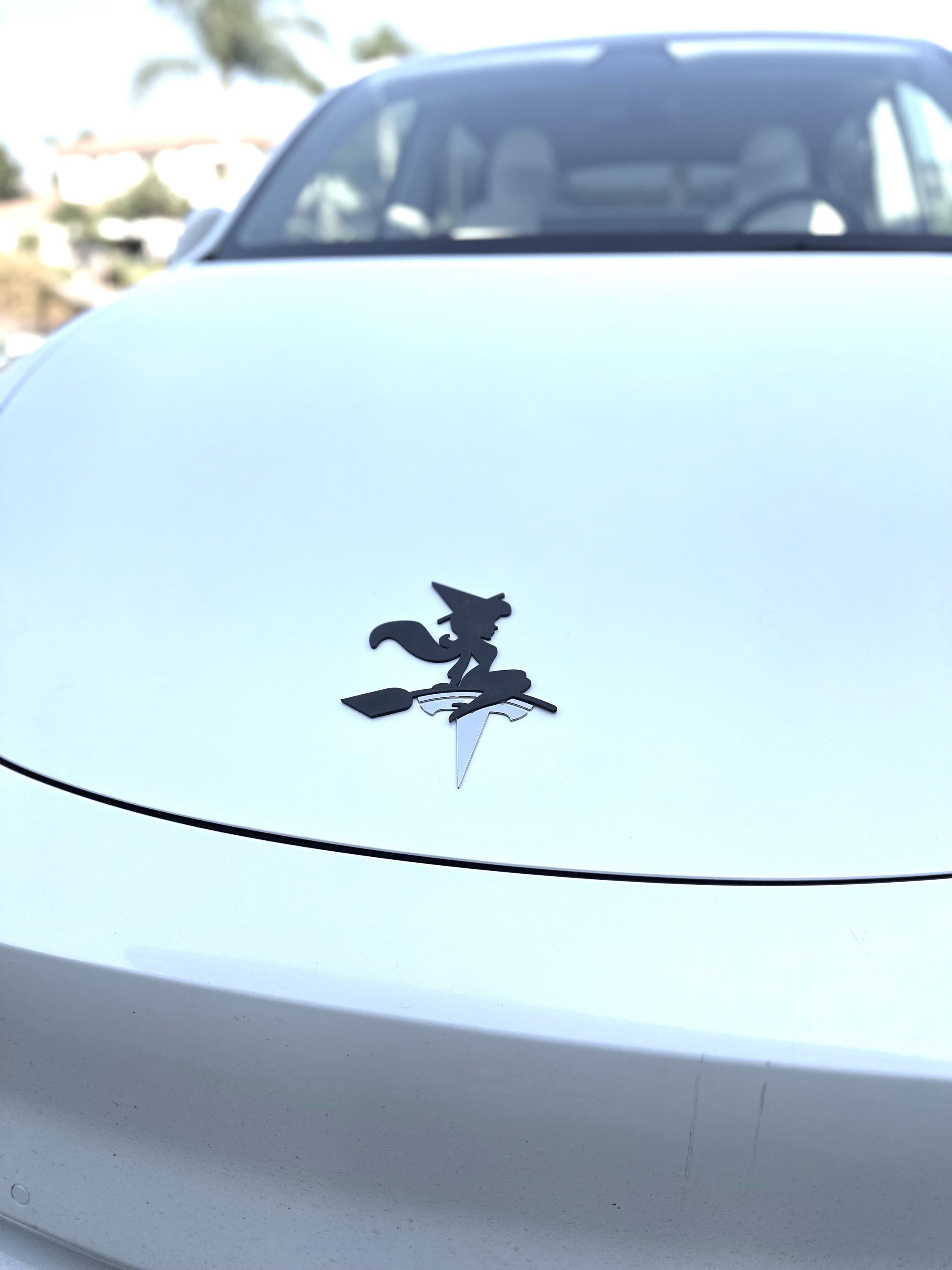 Witch Silhouette Overlay for Tesla Frunk Emblem, Reusable!