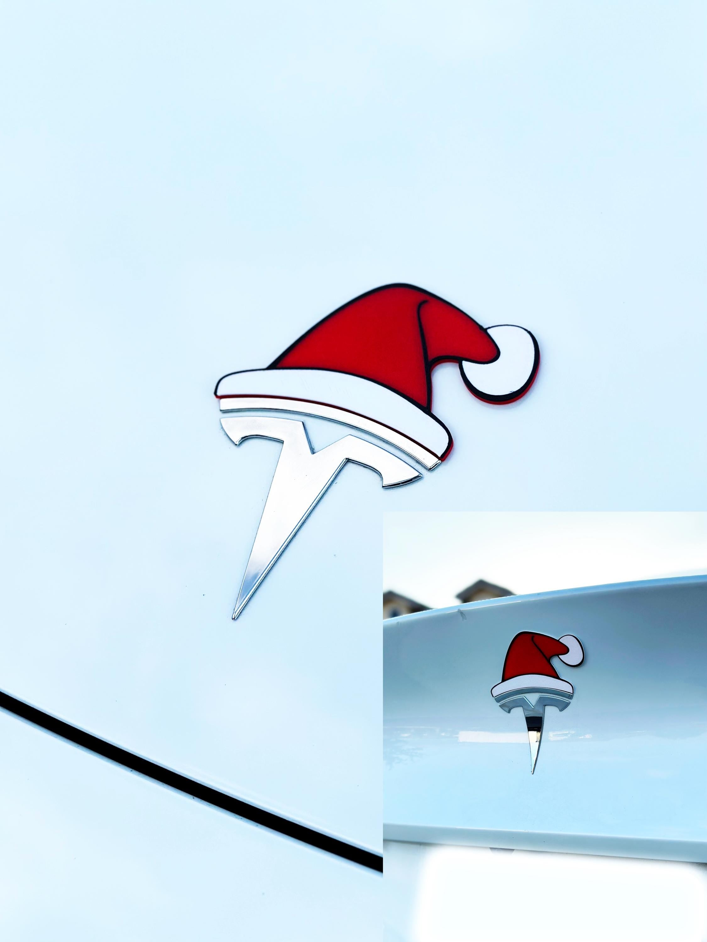 Santa Hat Overlay (w/black outline) for Tesla Emblem, Reusable!